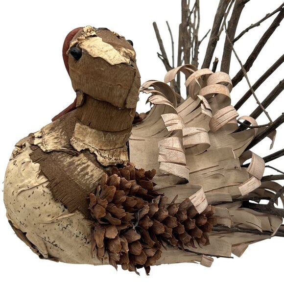 Vintage Handmade Set Rustic Turkey Figurines Bark Pinecone Folk Art Thanksgiving - Picture 10 of 16